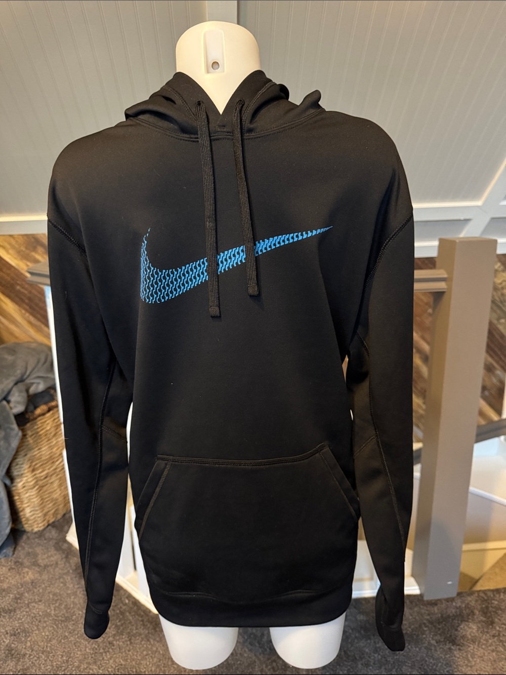 Nike Black Hoodie with Blue Patterned Swoosh
